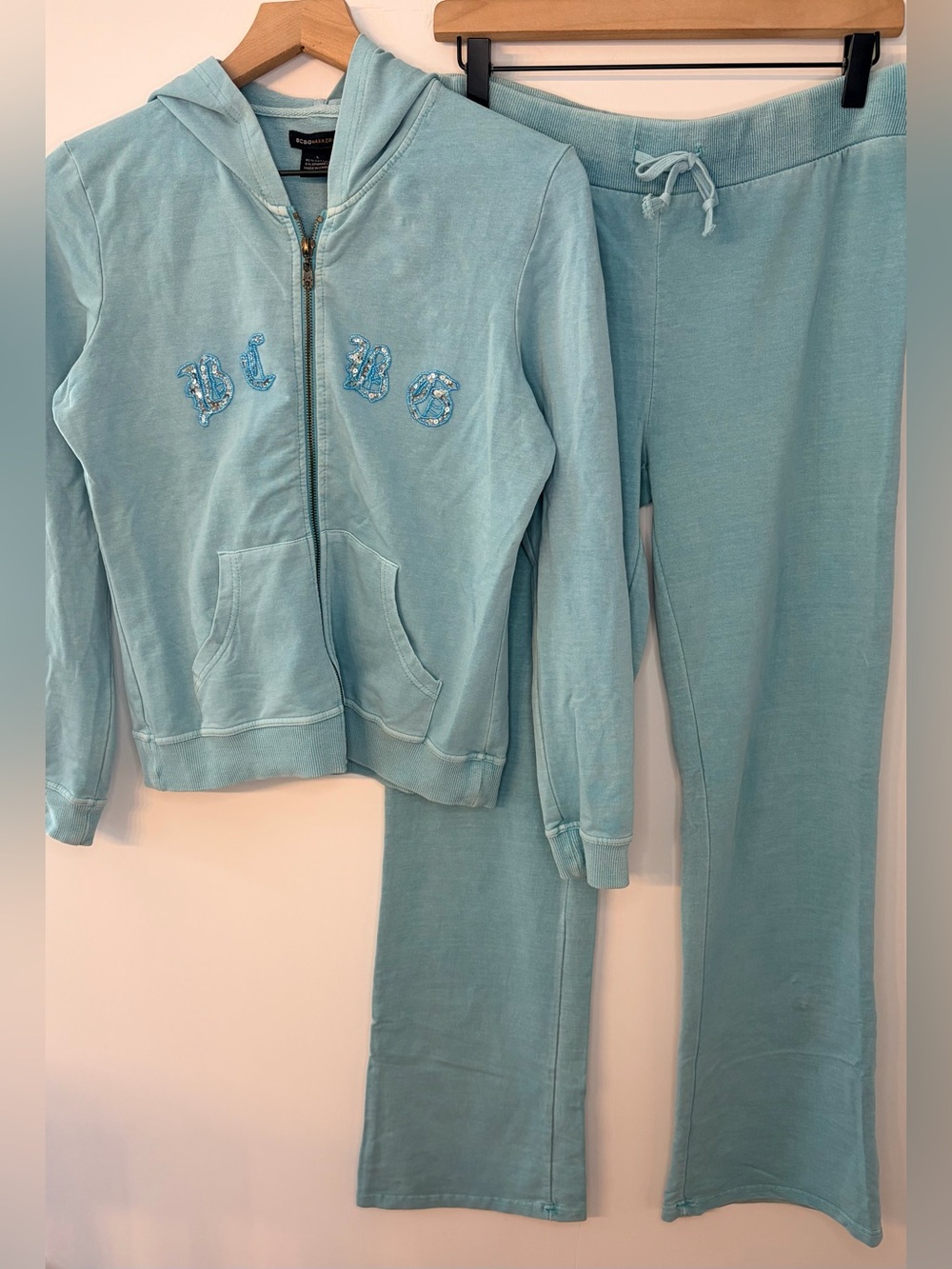 BCBGMaxAzria Vintage 2000’s Turquoise Bling Track Set, Size M Pants, L Jacket